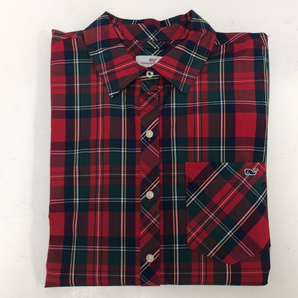 Vineyard Vines merry plaid button down shirt.